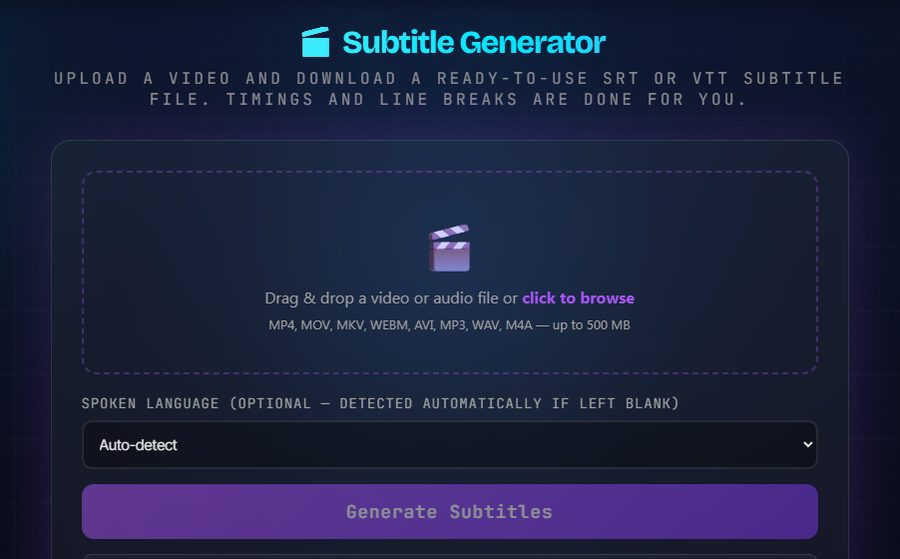 Generador de Subtítulos de KlipTools: sube un vídeo y obtén un archivo SRT o VTT