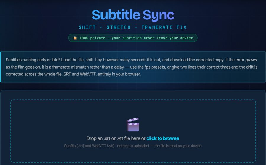 Sincronizador de Subtítulos de KlipTools: carga un archivo SRT o VTT y ajusta o estira su tiempo