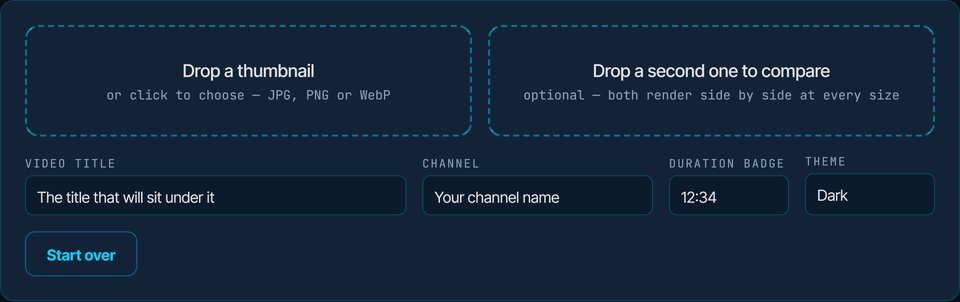 KlipTools YouTube Thumbnail Tester drop zones for comparing two thumbnails at every rendered size