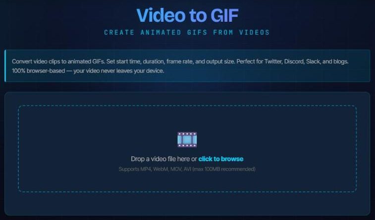 Outil Vidéo en GIF de KlipTools : déposez un fichier MP4, WebM, MOV ou AVI pour commencer